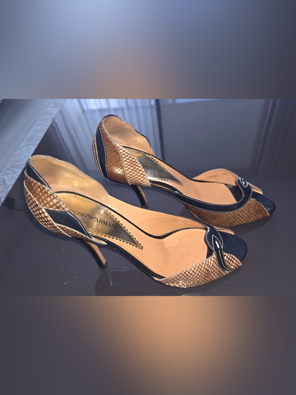 Emporio Armani Brown & Navy Snakeskin Open-Toe Heel Pumps. Size 39 (US 9)